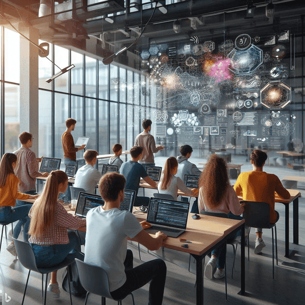 Students in classroom looking at a futuristic screen.